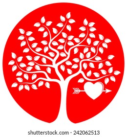 vector tree with one big heart and arrow isolated on red round
