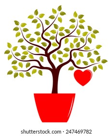 vector tree with one big heart in pot isolated on white background