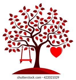 vector tree with one big heart and swing isolated on white background