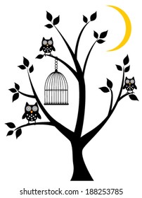 vector tree with owls, cage and moon crescent
