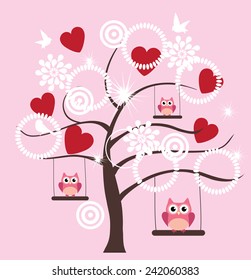 vector tree with owls swinging, red hearts for valentines day