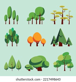 Vector tree pack - cartoon tree for landscape - green plant and trees