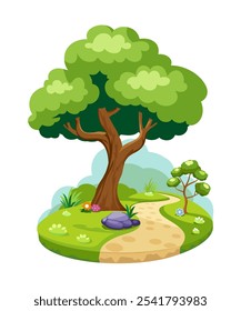 Árbol de Vector con un camino en el jardín, aislado en un fondo blanco. Ilustración. Elemento de Vector para el diseño.