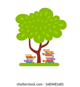 Vector tree with piles of colorful books on grass in cartoon style. Home library. Love reading. Education for kids