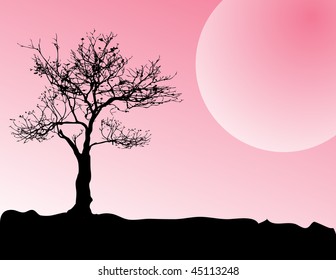 vector of tree and pink sunset