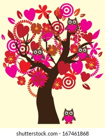 vector tree with red hearts, flowers and fun owls