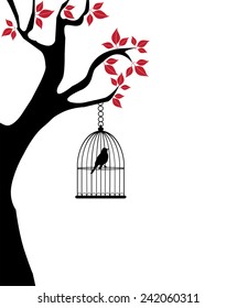 vector tree with red leaves and bird in a bird cage