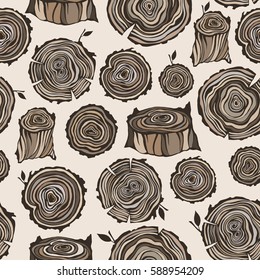 Vector tree rings cut trunk seamless pattern. Nature rough ring of trunk illustration.