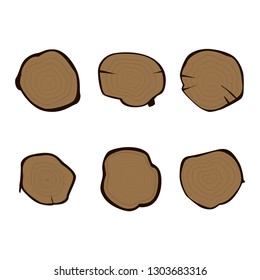 Vector tree rings and saw cut trunk set. Wood trunk concentric and linear monochrome cut trunk illustration