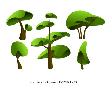 Vector tree set. Abstract illustration with stylized trees and bushes. Variety of forms and sizes, big and small icons. Decorative garden or forest set.