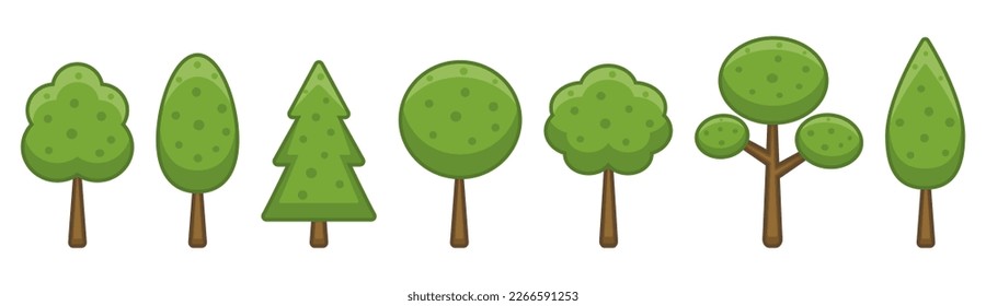 Vector tree set isolated objects colorful illustration in flat cartoon style. Nature clip art collection. Outdoor landscape forest or park design elements. Simple plant shapes. Tree icon collection.