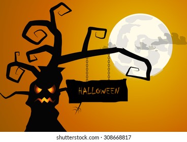 Vector : Tree and sign halloween background