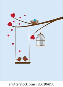 vector tree silhouette with bird cages, birds, hearts, bird nest