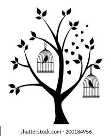 vector tree silhouette with bird cages, birds, hearts