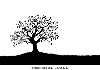 Vector tree silhouette, flowers and grass, black and white vectorial shape,