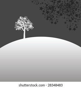 Vector Tree Silhouette on a hill with stars