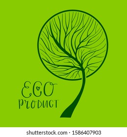 Vector Tree silhouette with round coma in circle. Hand drawn illustration of branches and twigs. Eco Product lettering. EPS 8