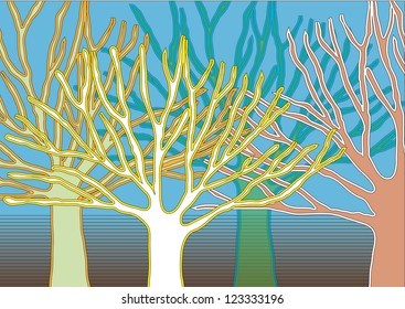 Vector Tree Silhouettes with Colorful Outlines Isolated on Gradient Background