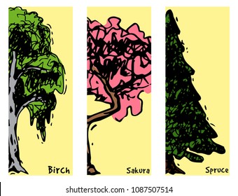 Vector tree sketch hand drawn style types green forest pine treetops collection of birch, cedar and acacia or greenery garden with palm and sakura illustration isolated on background