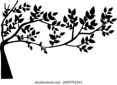 Vector Tree, a sketch of a tree with leaves in silhouette style, black and white