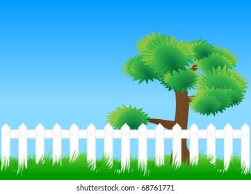 Vector tree standing on a green lawn behind a white board fence