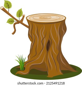 Vector tree stump with branch and leaves, realistic props for cartoon. Vector image isolated on white. Good for cartoon decoration and game animations