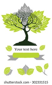 Vector tree. Stylized tree silhouette and green leafs. Vector logo idea. Nature,Ecology, Summer concept. With ribbon and place for text. As cover,sign, design element. Isolated on white. Eps 10.