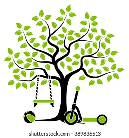 vector tree with swing, ball and scooter isolated on white background