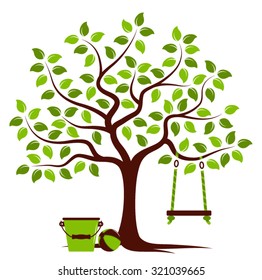 vector tree with swing, bucket and ball isolated on white background
