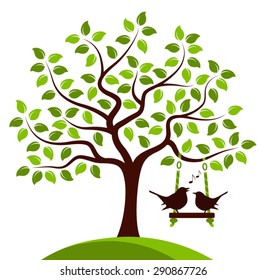 vector tree with swing and couple of birds isolated on white background