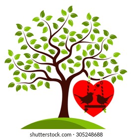 vector tree with swing and couple of birds isolated on white background