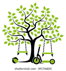 vector tree with swings, ball and scooter isolated on white background