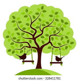 vector tree with swings and couple of birds isolated on white background
