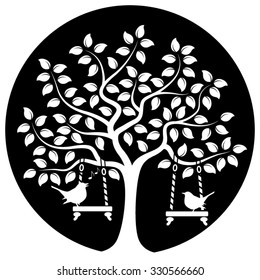 vector tree with swings and couple of birds isolated on black round