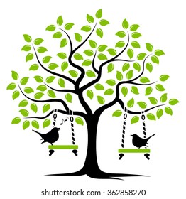 vector tree with swings and couple of birds isolated on white background