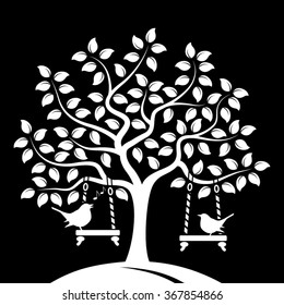 vector tree with swings and couple of birds isolated on black background