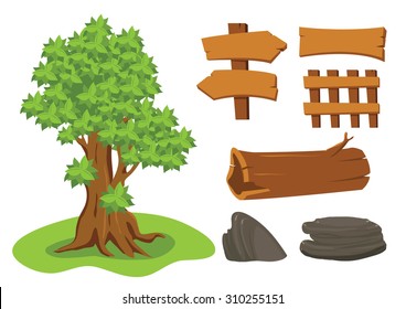 Vector tree, timber, and wood sign. fence and stone