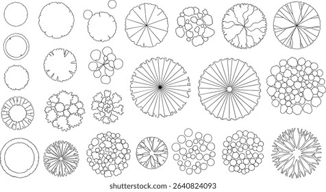 Vector tree top view isolated on white background for landscape plan and architecture layout drawing, elements for environment and garden, cad
