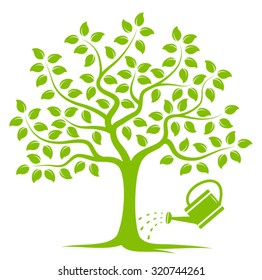 vector tree and watering can isolated on white background