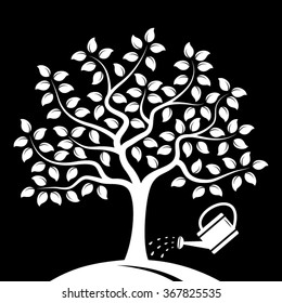vector tree and watering can isolated on black background
