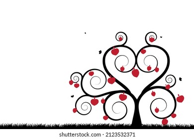 Vector tree within the grass with red heart and butterflies in the garden on white background.