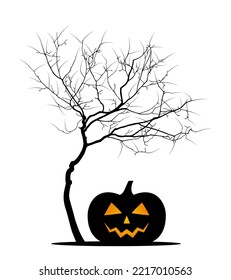 árbol vectorial sin hojas y calabaza de halloween aislados en fondo blanco