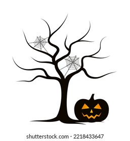 árbol vectorial sin hojas y calabaza de halloween aislados en fondo blanco