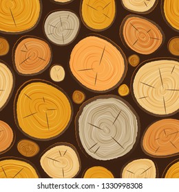 Vector tree wood slice texture circle cut wooden raw material. Plant years history textured rough forest tree top view seamless pattern background