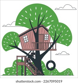 Árbol vectorial, casa de árbol, fuerte de árbol, campamento de verano arbolado aislado en área de juegos infantil para niños blancos para aventuras al aire libre. Casa de árbol para jugar en juegos para niños con columpio. Casa de árbol