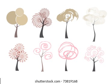Vector trees. Art icons of trees isolated on white background.