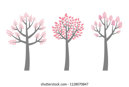 Vector trees with branches and pink leaves for invitations, brochures and flyers