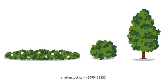 Vector trees, bushes, green grass, decorated with cute flowers, cartoon style for use in various design works, convenient and easy to use, such as card design, book covers, presentations.