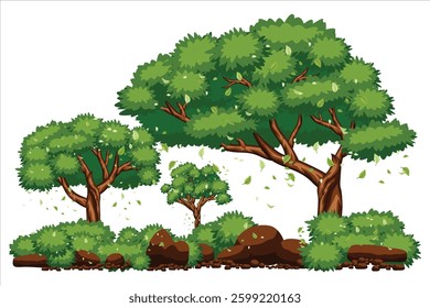 Vector trees with bushes and rocks