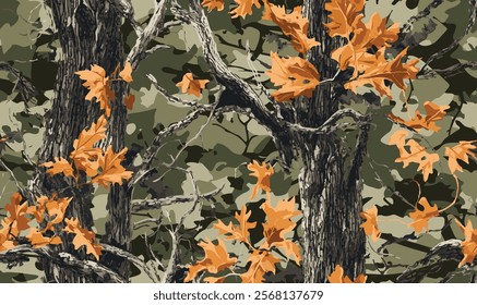Vector trees camouflage seamless pattern design for hunting and military uniform. Military camouflage texture Hunting camouflage background. 
